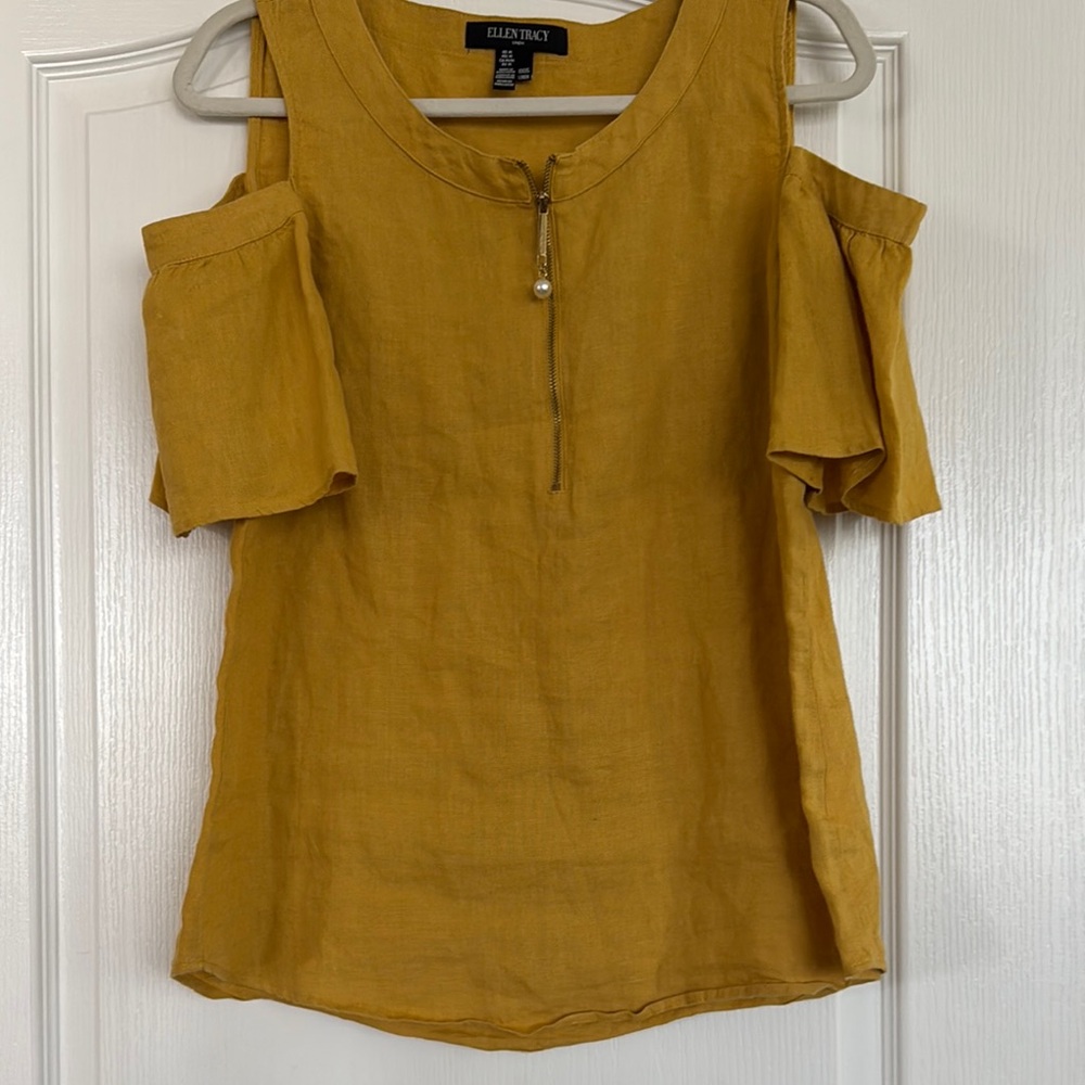 Ellen Tracy Yellow Flutter Sleeve Blouse with Cut Out shoulders
